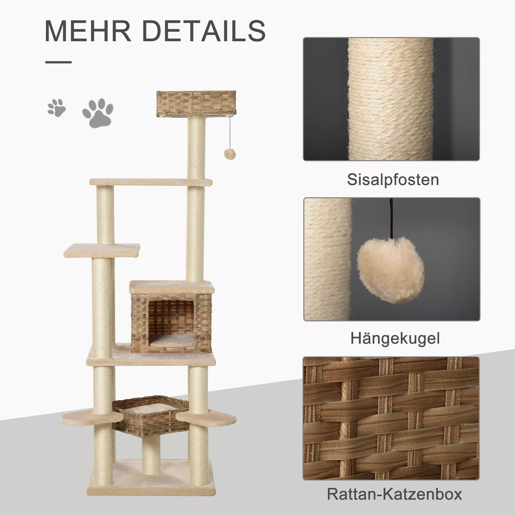 Rotangpalmas kaķu māja ar alu, daudzstāvu kaķu māja, kāpšanas koks kaķiem, E1 MDF, sizala, bēša+brūna, 55 x 55 x 174 cm