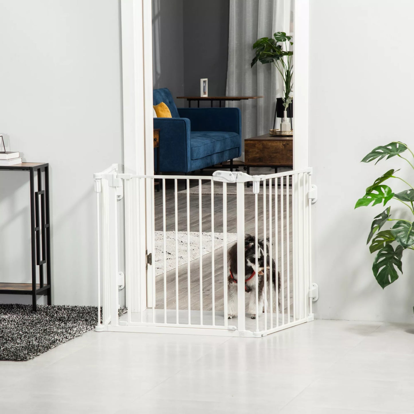 Šunų apsauginė tvorelė, durų ir naminių gyvūnėlių apsaugos tvorelė, reguliuojama, sulankstoma, židinių tvorelė su automatiškai užsidarančiomis durelėmis, 3 skydeliai, skirta krosnelei, montuojama prie sienos/pastatoma laisvai, balta, 202,5 x 76 cm