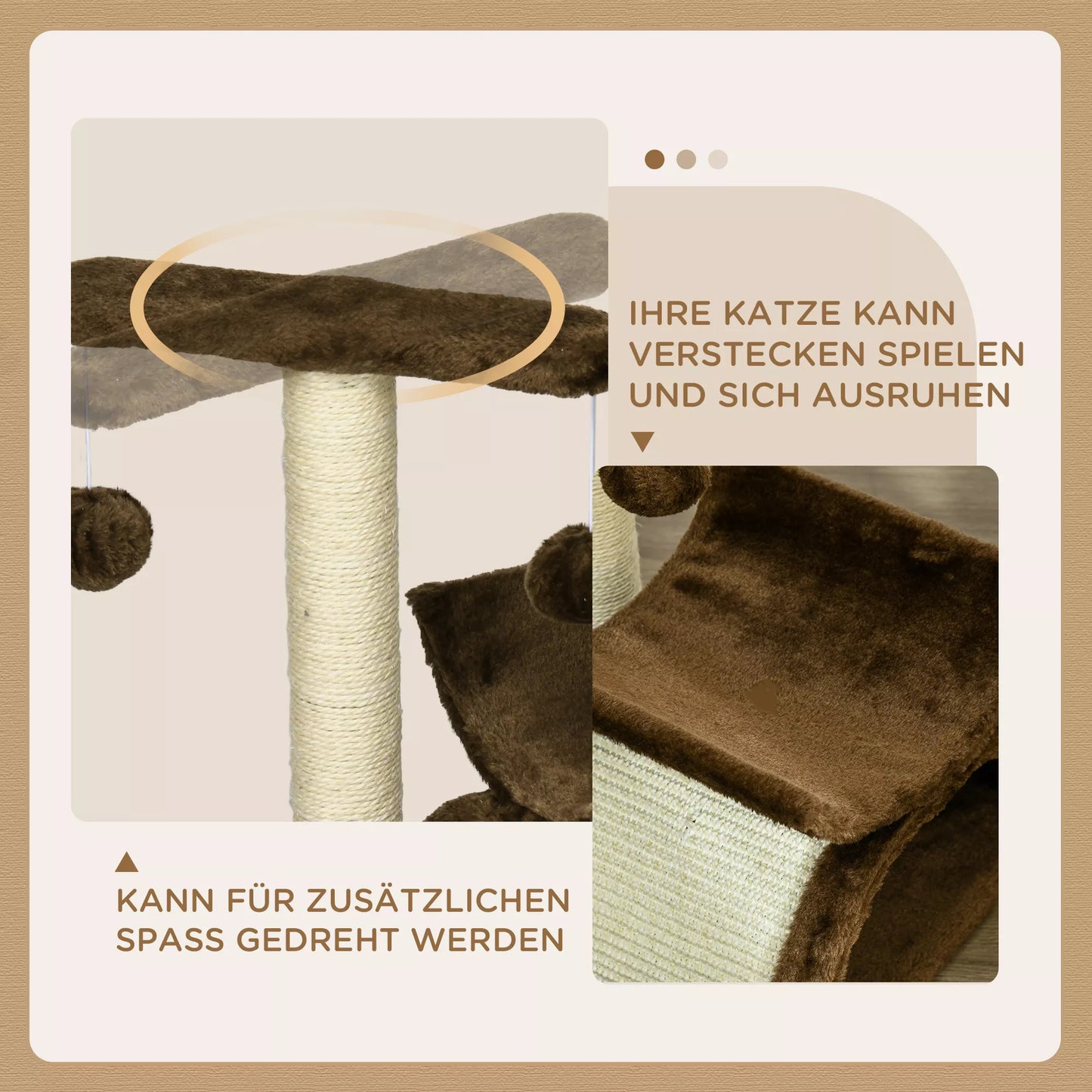 Mažas kačių draskomasis medis su žaidimo kamuoliuku, rudos spalvos. I40 x P30 x A43 cm