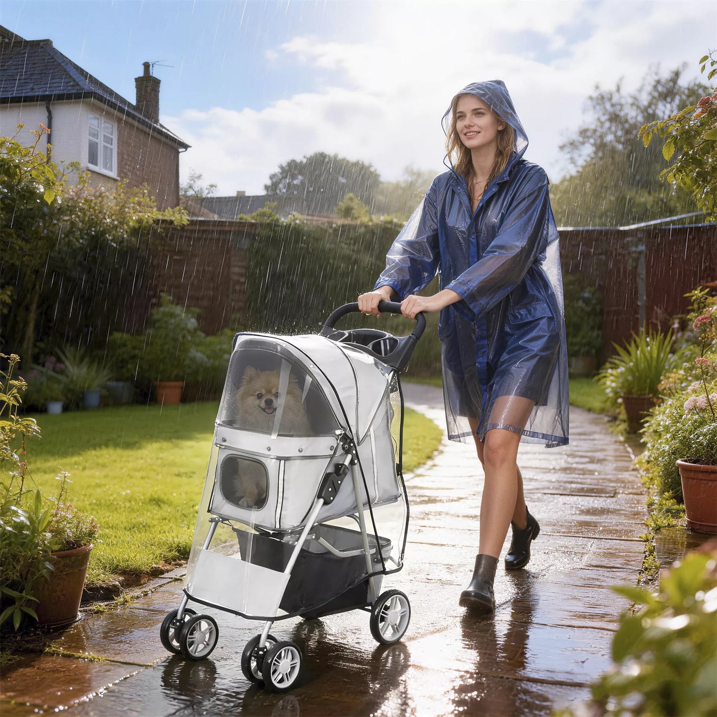 Šunų vežimėlis Šunų vežimėlis Sulankstomas kačių vežimėlis iki 10 kg su lietaus apsauga Atspindinčios juostos Laikymo krepšys 77x44x102 cm Pilkos spalvos