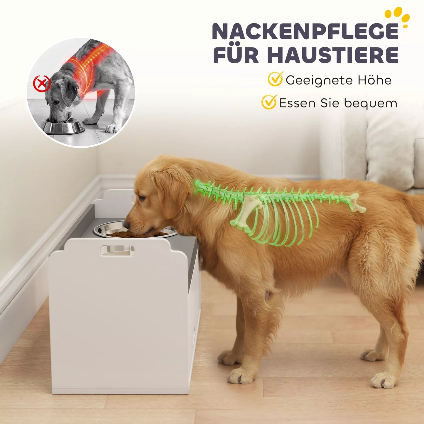 Paaukštintas šunų dubenėlių stovas su daiktų laikymo spintele, šėrykla su dviem dubenėliais, medis ir nerūdijantis plienas, 60 x 30 x 35,5 cm, balta