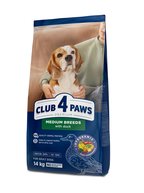 CLUB 4 PAWS PREMIUM VIDUTINIŲ VEISLIŲ SUAUGUSIEMS ŠUNIMS SU ANTIENA. VISAVERTIS SAUSAS PAŠARAS – 14 kg
