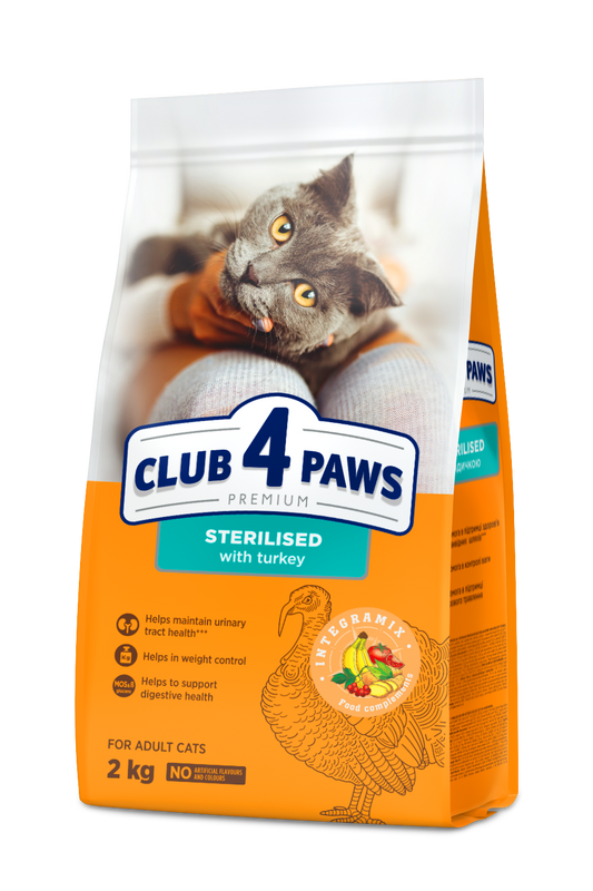 CLUB 4 PAWS PREMIUM SU KALAKUTIENA. VISAVERTIS SAUSAS PAŠARAS SUAUGUSIOMS STERILIZUOTOMS KATĖMS