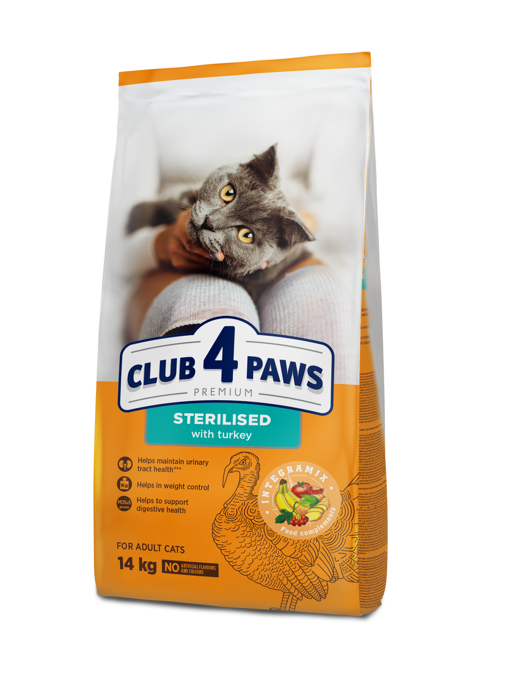 CLUB 4 PAWS PREMIUM SU KALAKUTIENA. VISAVERTIS SAUSAS PAŠARAS SUAUGUSIOMS STERILIZUOTOMS KATĖMS – 14 kg