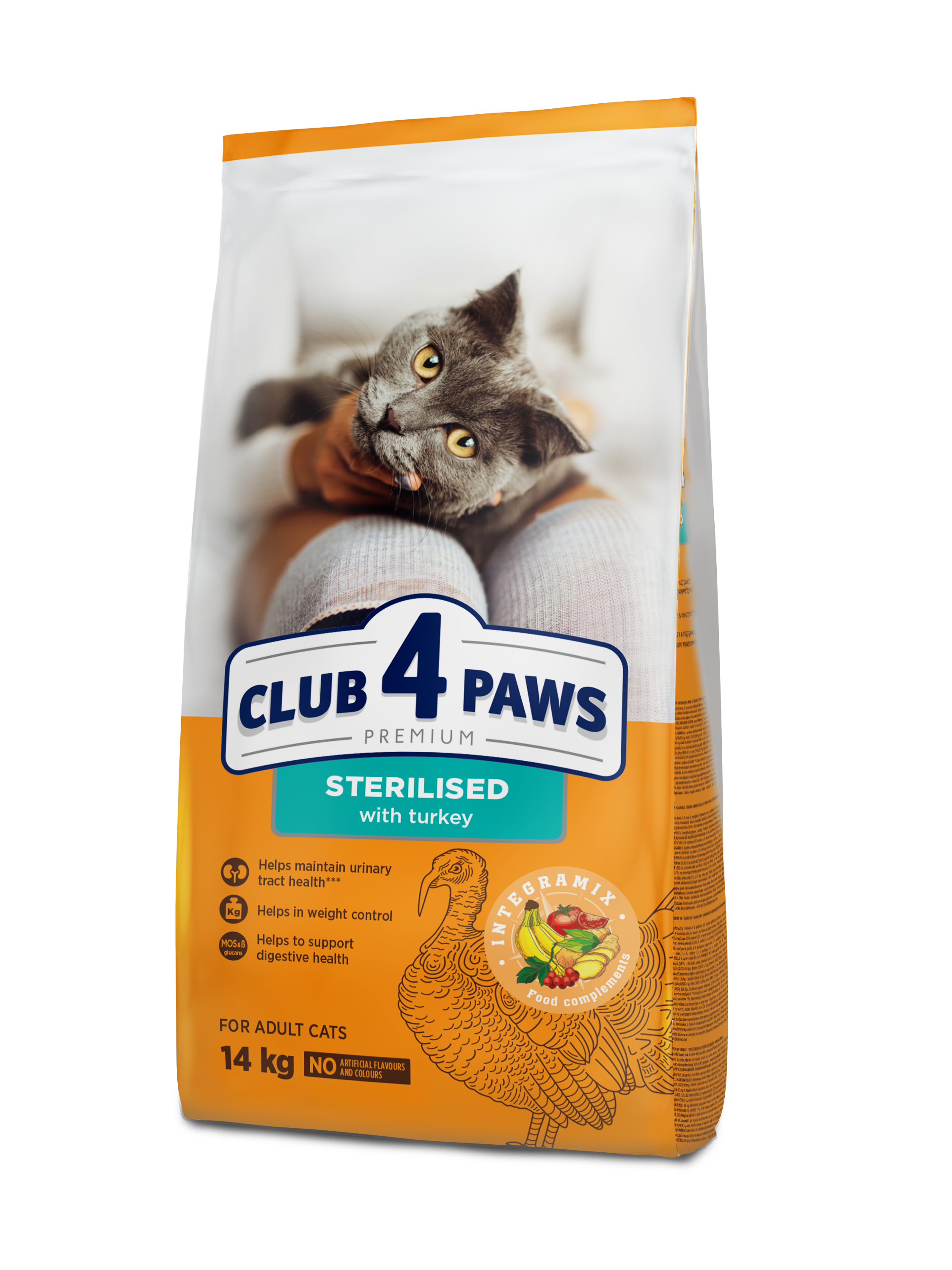 CLUB 4 PAWS PREMIUM SU KALAKUTIENA. VISAVERTIS SAUSAS PAŠARAS SUAUGUSIOMS STERILIZUOTOMS KATĖMS – 14 kg
