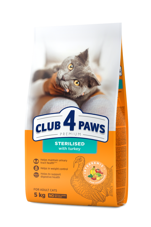 CLUB 4 PAWS PREMIUM SU KALAKUTIENA. VISAVERTIS SAUSAS PAŠARAS SUAUGUSIOMS STERILIZUOTOMS KATĖMS – 5 kg
