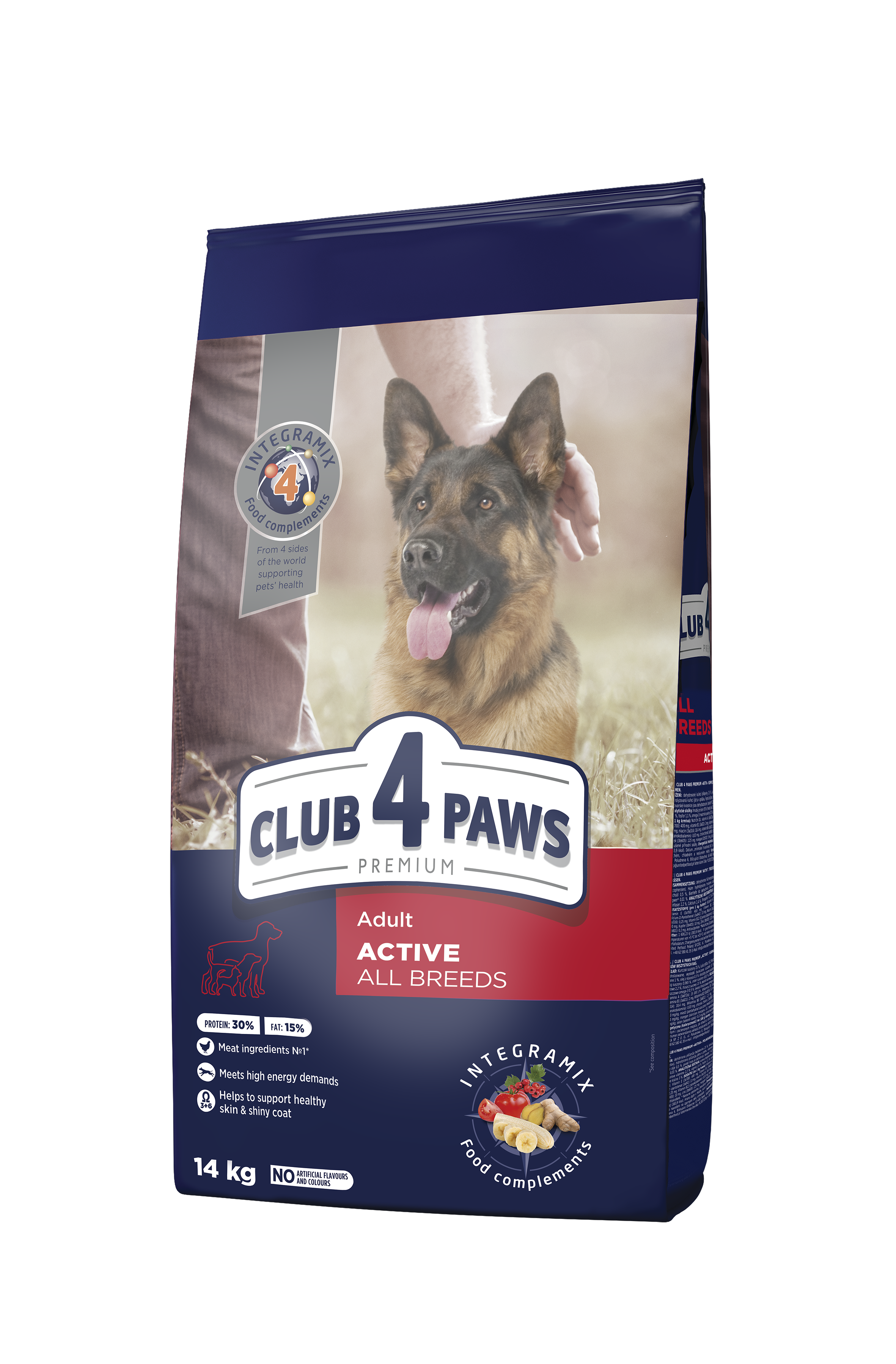CLUB 4 PAWS PREMIUM "ACTIVE". VISAVERTIS SAUSAS PAŠARAS SUAUGUSIEMS AKTYVIEMS VISŲ VEISLIŲ ŠUNIMS