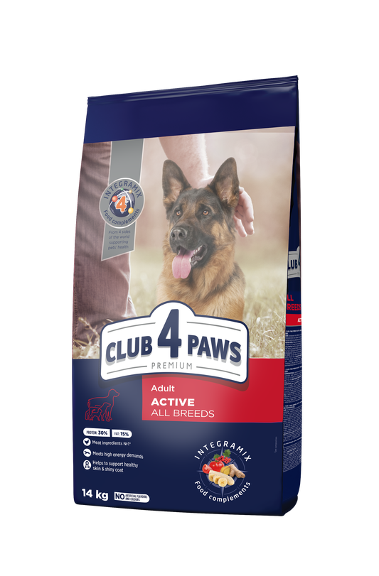 CLUB 4 PAWS PREMIUM "ACTIVE". VISAVERTIS SAUSAS PAŠARAS SUAUGUSIEMS AKTYVIEMS VISŲ VEISLIŲ ŠUNIMS