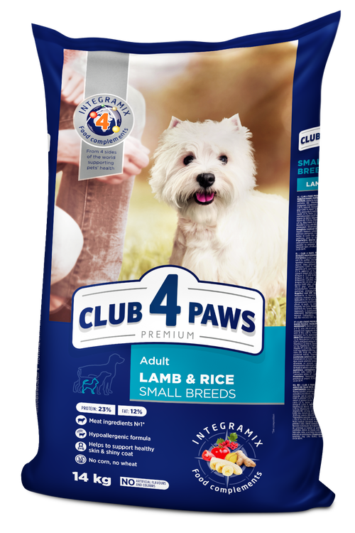 CLUB 4 PAWS PREMIUM ĖRIENA IR RYŽIAI SUAUGUSIEMS MAŽŲ VEISLIŲ ŠUNIMS. VISAVERTIS PAŠARA – 14 kg