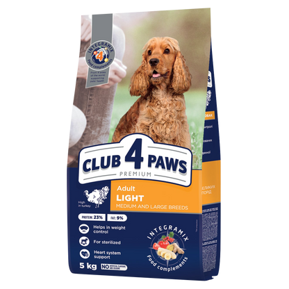 CLUB 4 PAWS PREMIUM SVORIO KONTROLĖ. VISAVERTIS SAUSAS PAŠARAS SUAUGUSIEMS VIDUTINIŲ IR STAMBIŲ VEISLIŲ, STERILIZUOTIEMS IR TURINTIEMS POLINKĮ Į NUTUKIMĄ ŠUNIMS. SU DIDELIU KIEKIU KALAKUTIENOS.