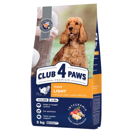 CLUB 4 PAWS PREMIUM SVORIO KONTROLĖ. VISAVERTIS SAUSAS PAŠARAS SUAUGUSIEMS VIDUTINIŲ IR STAMBIŲ VEISLIŲ, STERILIZUOTIEMS IR TURINTIEMS POLINKĮ Į NUTUKIMĄ ŠUNIMS. SU DIDELIU KIEKIU KALAKUTIENOS.