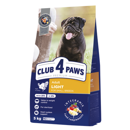 CLUB 4 PAWS PREMIUM SVORIO KONTROLĖ. VISAVERTIS SAUSAS PAŠARAS SUAUGUSIEMS MAŽŲ VEISLIŲ STERILIZUOTIEMS IR TURINTIEMS POLINKĮ Į NUTUKIMĄ ŠUNIMS. SU DIDELIU KIEKIU KALAKUTIENOS.