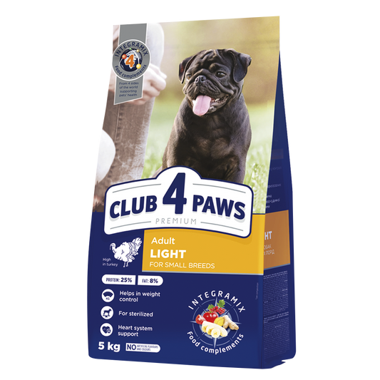 CLUB 4 PAWS PREMIUM SVORIO KONTROLĖ. VISAVERTIS SAUSAS PAŠARAS SUAUGUSIEMS MAŽŲ VEISLIŲ STERILIZUOTIEMS IR TURINTIEMS POLINKĮ Į NUTUKIMĄ ŠUNIMS. SU DIDELIU KIEKIU KALAKUTIENOS.