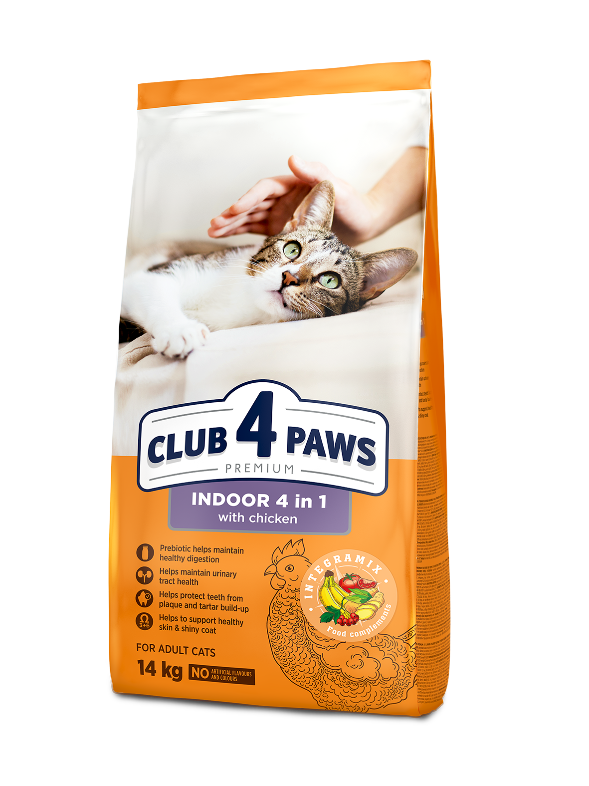 CLUB 4 PAWS PREMIUM SU VIŠTIENA KATĖMS, GYVENANČIOMS PATALPOSE "4 VIENAME". VISAVERTIS SAUSAS PAŠARAS SUAUGUSIOMS KATĖMS – 14 kg