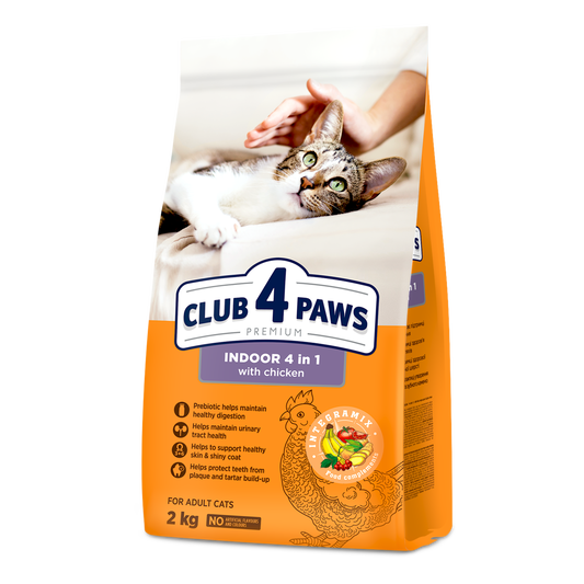 0000CLUB 4 PAWS PREMIUM SU VIŠTIENA KATĖMS, GYVENANČIOMS PATALPOSE "4 VIENAME". VISAVERTIS SAUSAS PAŠARAS SUAUGUSIOMS KATĖMS