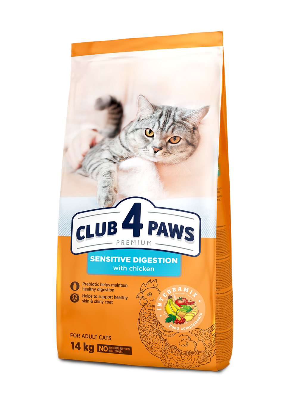 CLUB 4 PAWS PREMIUM JAUTRIAM VIRŠKINIMO TRAKTUI. VISAVERTIS PAŠARAS SUAUGUSIOMS KATĖMS – 14 kg