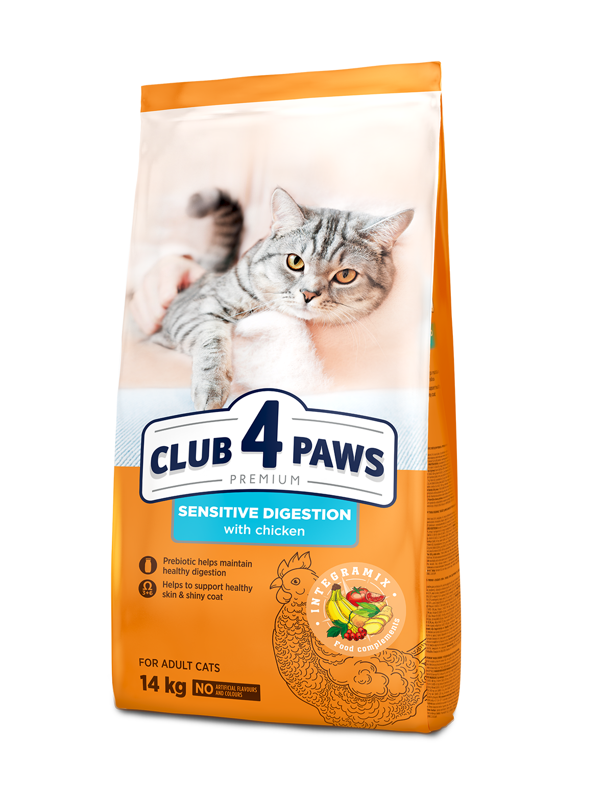 CLUB 4 PAWS PREMIUM JAUTRIAM VIRŠKINIMO TRAKTUI. VISAVERTIS PAŠARAS SUAUGUSIOMS KATĖMS – 14 kg