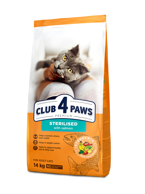 CLUB 4 PAWS PREMIUM SU LAŠIŠA VISAVERTIS SAUSAS PAŠARAS SUAUGUSIOMS STERILIZUOTOMS KATĖMS – 14 kg