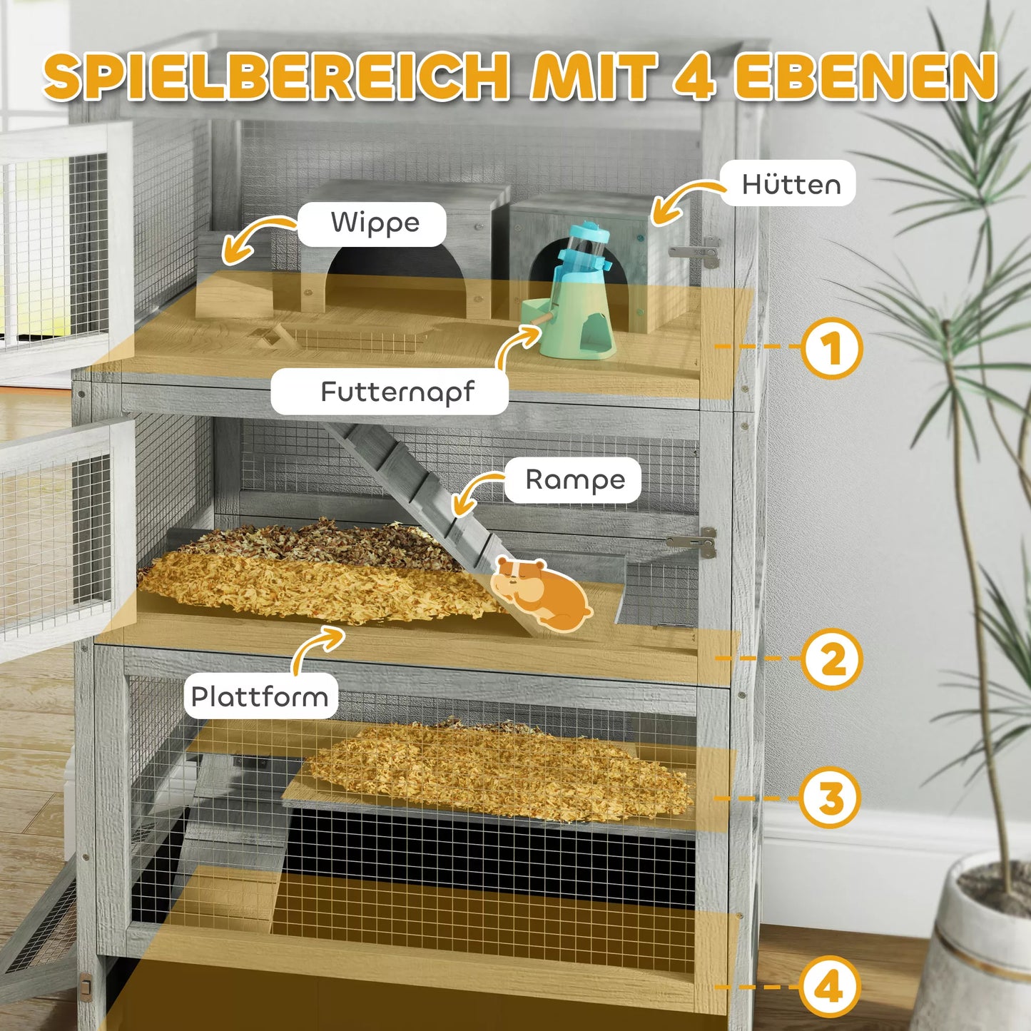 4 pakopų medinis žiurkėno narvas, su nameliais, supynėmis, maisto dubenėliais, rampomis, ratukais, 65 x 45 x 109 cm, pilkos spalvos