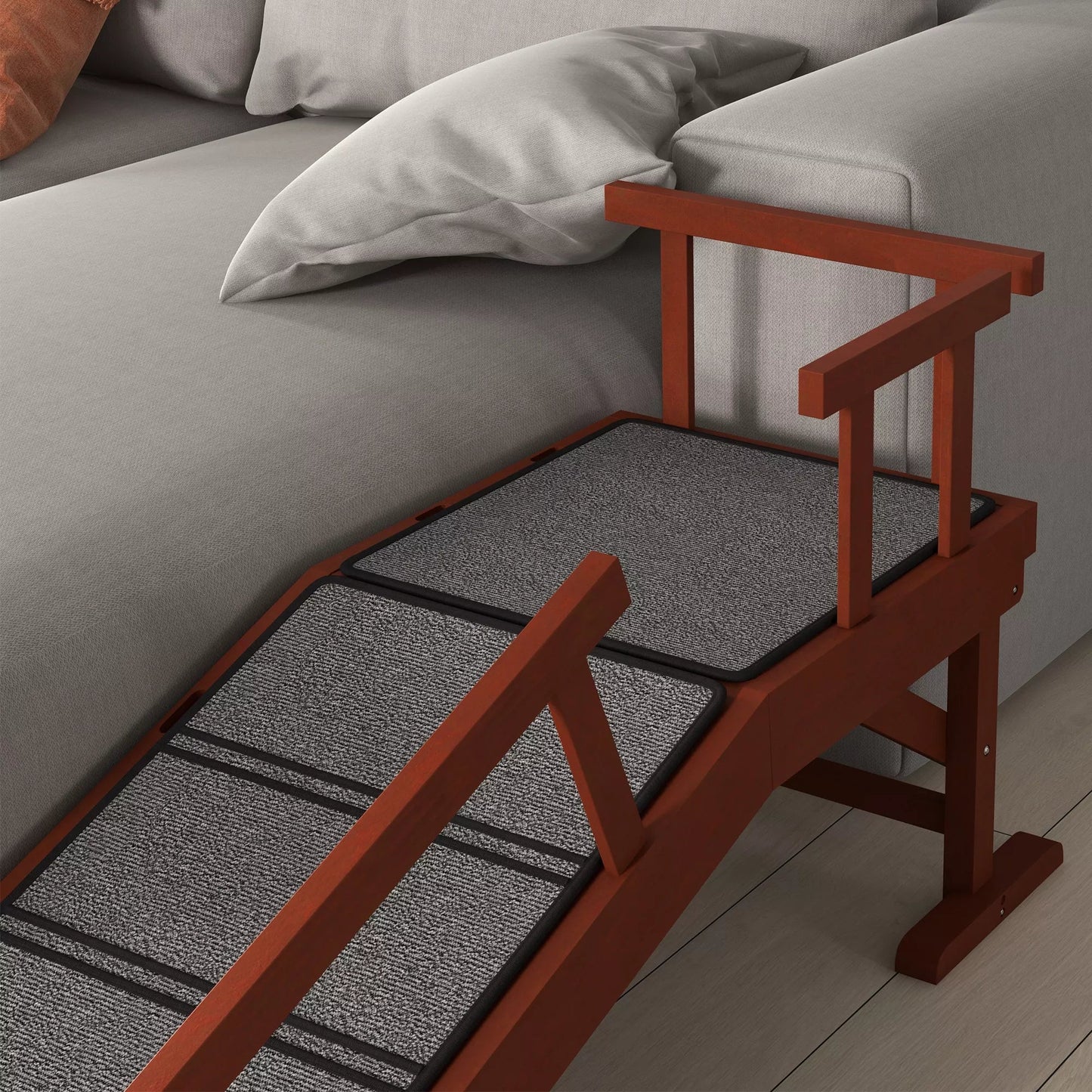 Šunų rampa, nuimami turėklai, neslidūs, mediniai, iki 30 kg, 125x40x56 cm, rudi/pilki