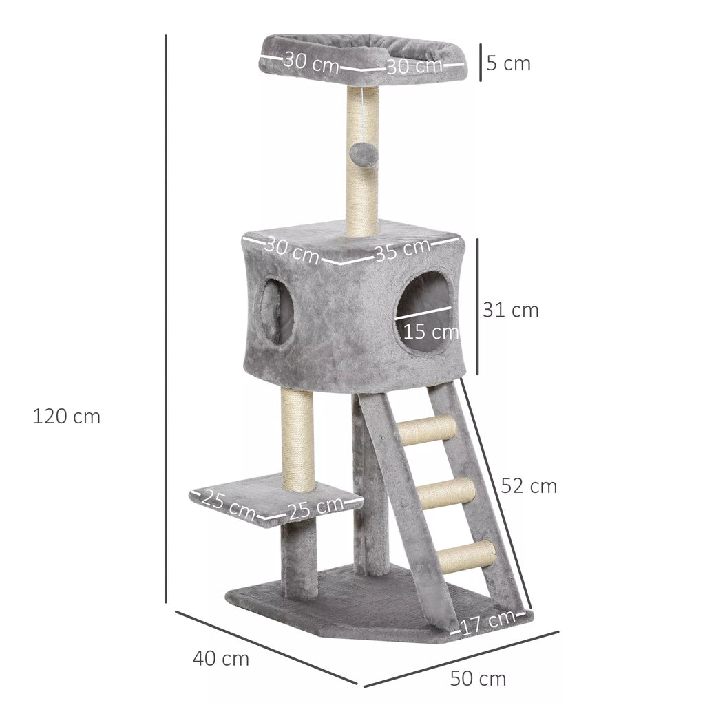 Kaķu koks 120 cm, kaķu tornis ar alu, rotaļu bumbu, sizala stabiem, platformu, pakāpieniem, daudzlīmeņu kaķu skrāpējamo stabu, kāpšanas koks kaķiem, gaiši pelēks