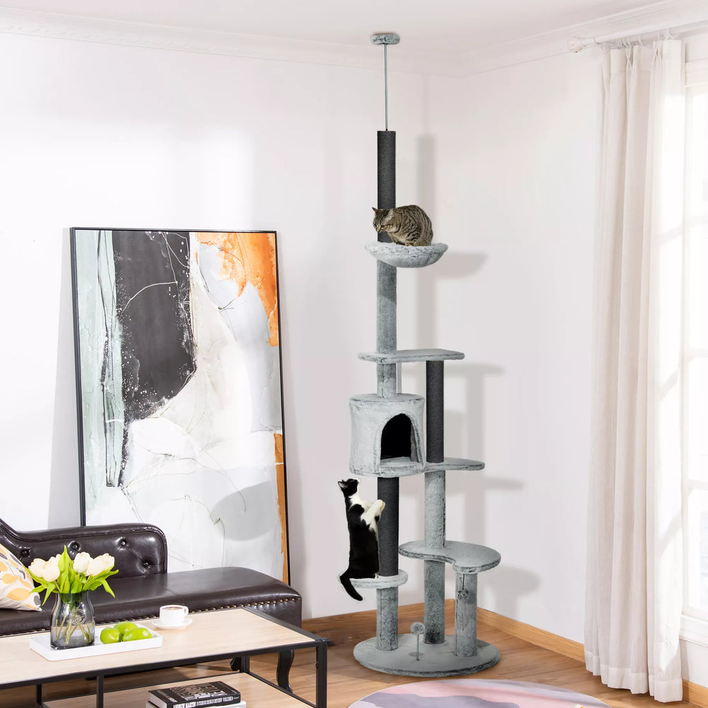 Kaķu māja ar griestu spriegumu, šūpuļtīkls, mājiņa, platformas, rotaļlieta, 225-255cm, pelēka
