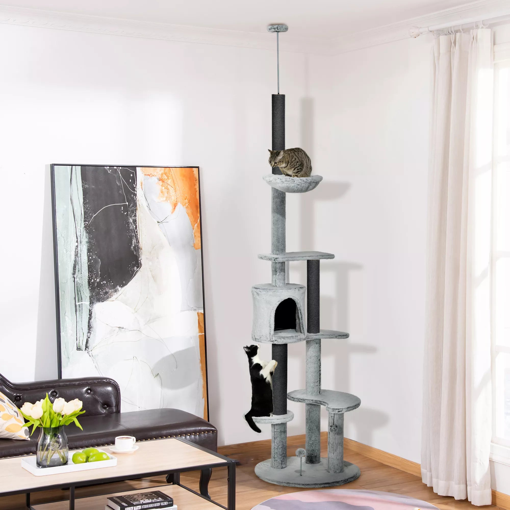 Kaķu māja ar griestu spriegumu, šūpuļtīkls, mājiņa, platformas, rotaļlieta, 225-255cm, pelēka