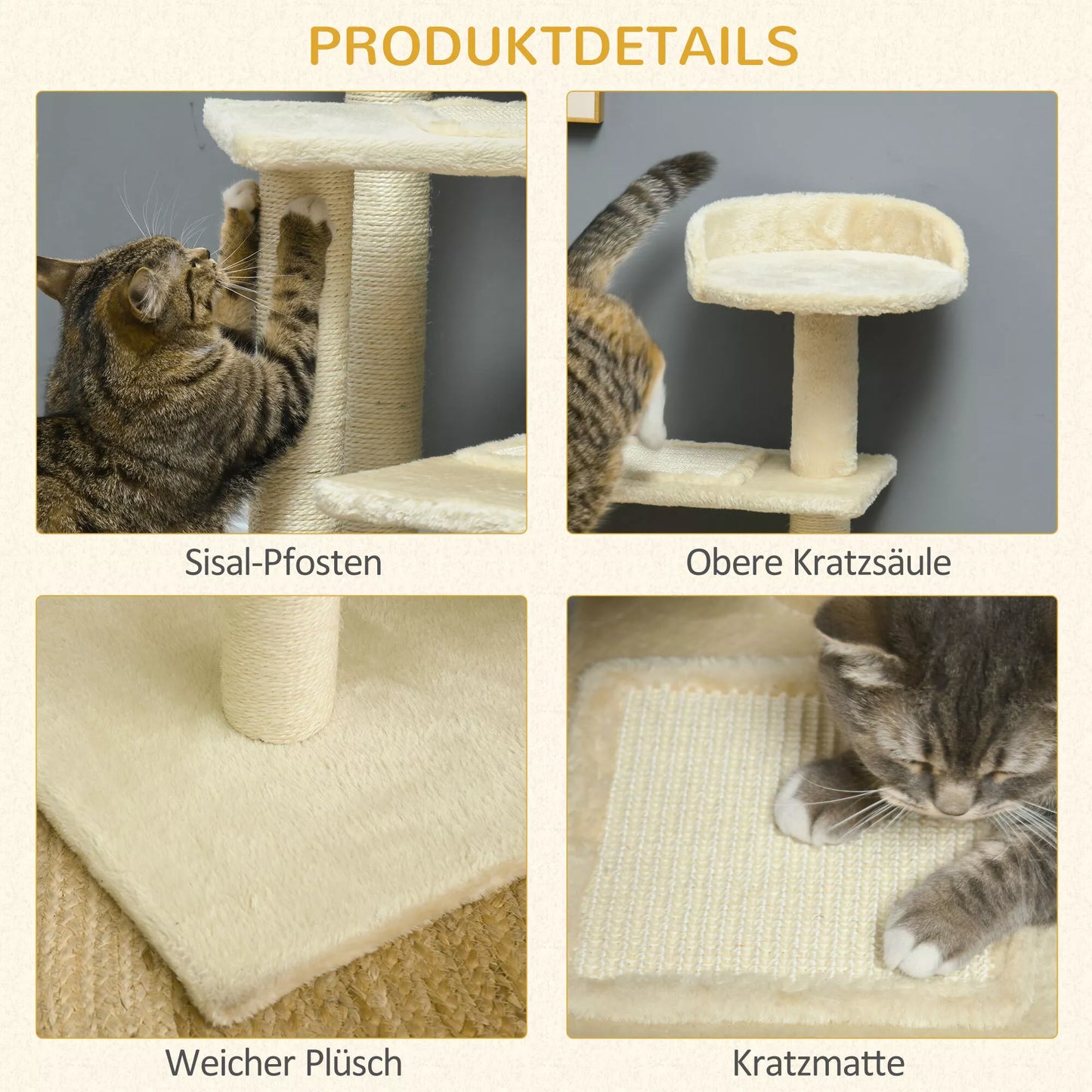 Kačių draskyklė 100 cm, Katės bokštelis su sizaliniais stiebais, didelė platforma, daugiaaukštė kačių draskyklė, laipiojimo medis, mažoms ir vidutinio dydžio katėms, smėlio spalvos