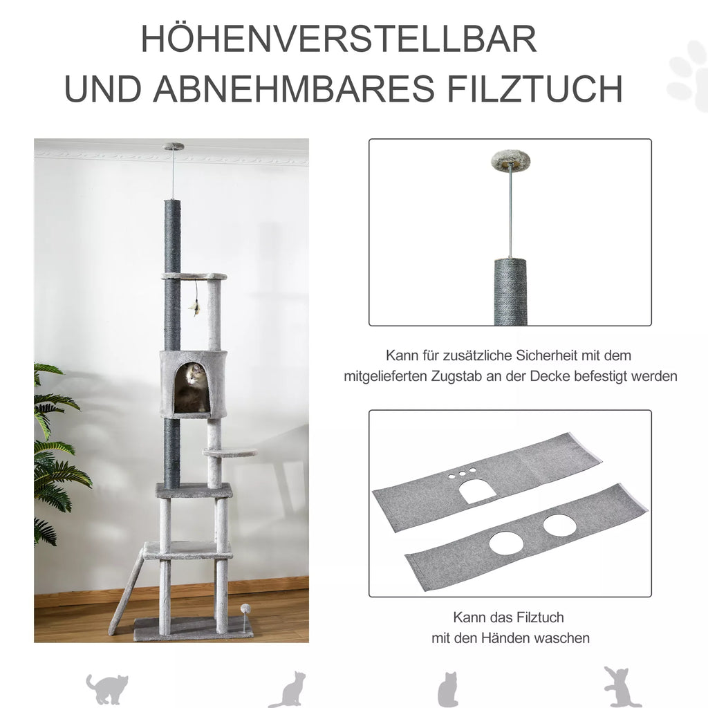 Kaķu skrāpēšanas stabs, griestu augstumā, ar rotaļlietām, sizala, plīša, gaiši pelēks, regulējams augstums, 60 x 40 x 225-255 cm