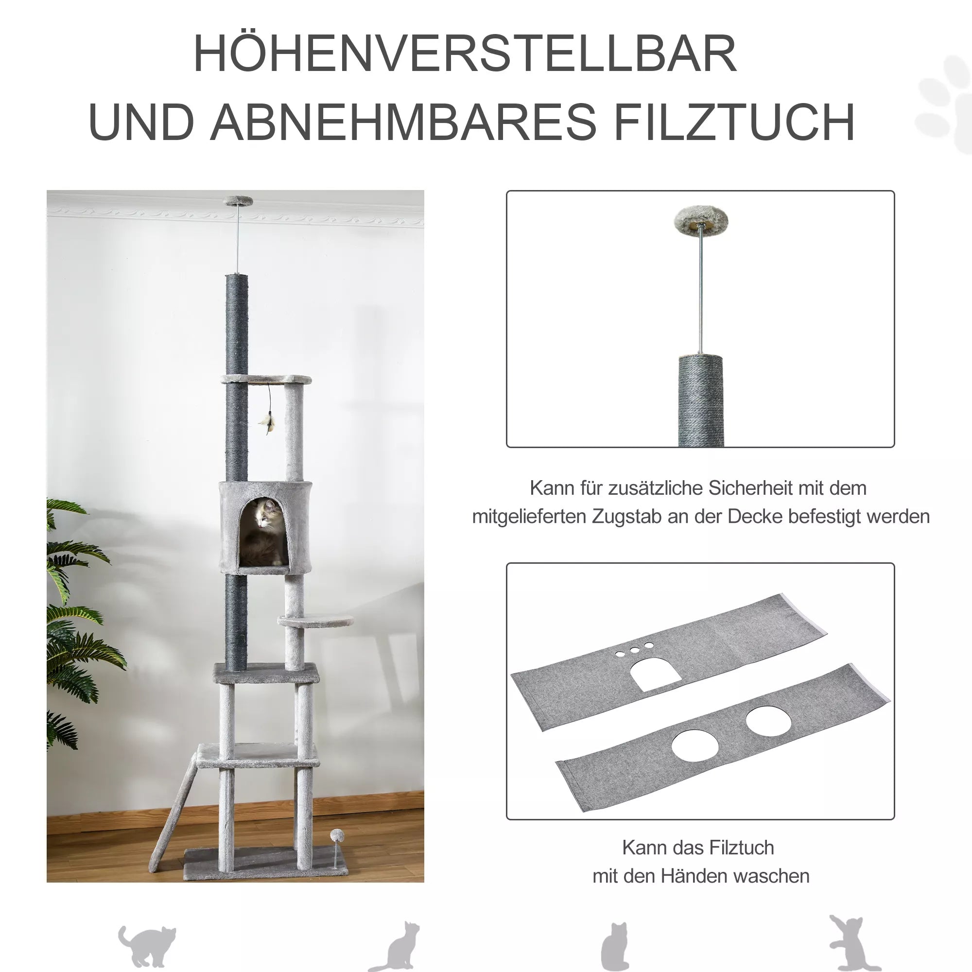 Kaķu skrāpēšanas stabs, griestu augstumā, ar rotaļlietām, sizala, plīša, gaiši pelēks, regulējams augstums, 60 x 40 x 225-255 cm
