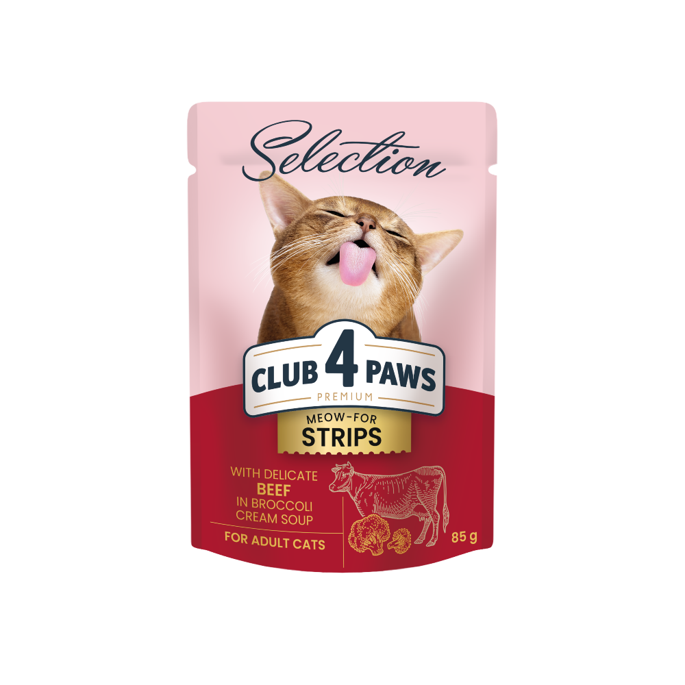 CLUB 4 PAWS Premium Plus Juostelės suaugusioms katėms su jautiena brokolių kreminėje sriuboje 12x85 gr
