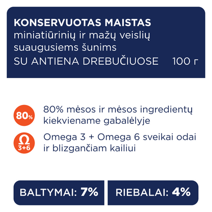 CLUB 4 PAWS Premium konservuotas ėdalas mažų veislių šunims su antiena drebučiuose 12x0.1 kg sudėtis