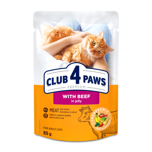CLUB 4 PAWS Premium konservētā barība pieaugušiem kaķiem ar liellopu gaļu želejā 24x80 gr