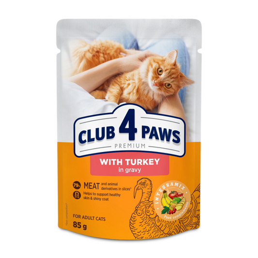 CLUB 4 PAWS Premium konservuotas ėdalas suaugusioms katėms su kalakutiena padaže 24x80 gr