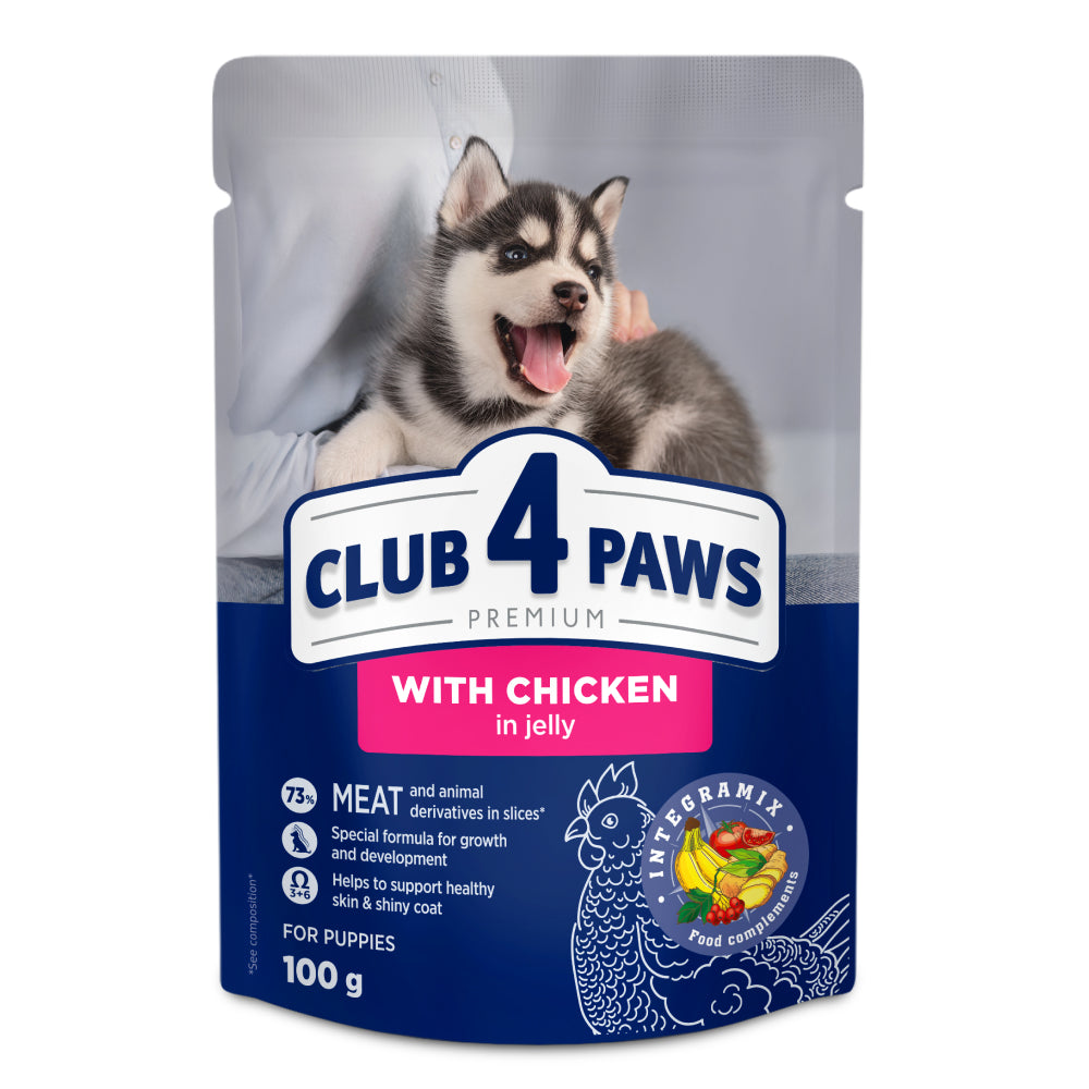 CLUB 4 PAWS Premium konservuotas ėdalas šuniukams su vištiena drebučiuose 24x100 gr