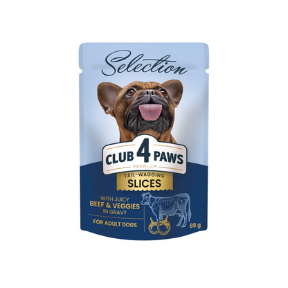 CLUB 4 PAWS Premium plus konservuotas ėdalas suaugusiems mažų veislių šunims su jautiena ir daržovėmis padaže 12x85 gr