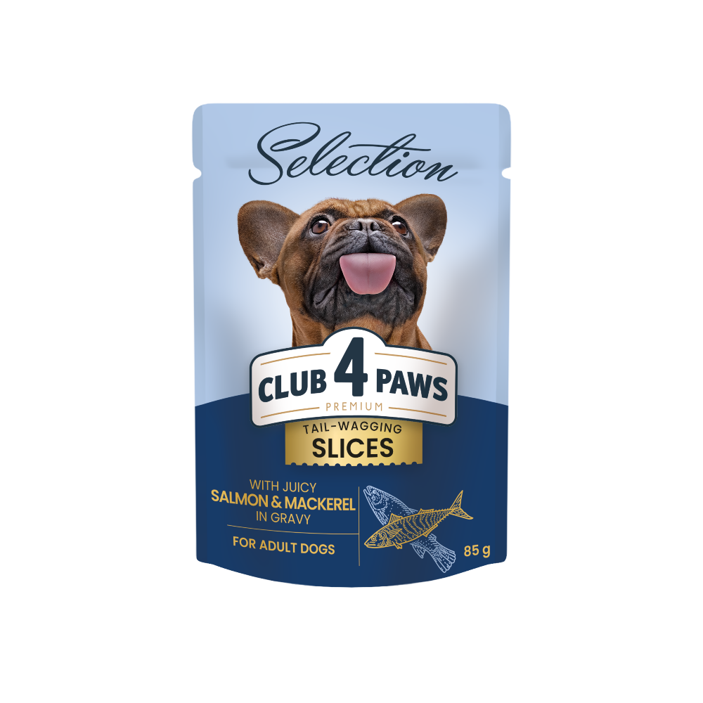 CLUB 4 PAWS Premium plus konservuotas ėdalas suaugusiems mažų veislių šunims su lašiša ir skumbre padaže 12x85 gr