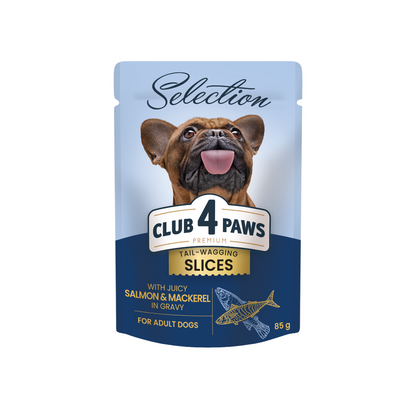 CLUB 4 PAWS Premium plus konservuotas ėdalas suaugusiems mažų veislių šunims su lašiša ir skumbre padaže 12x85 gr