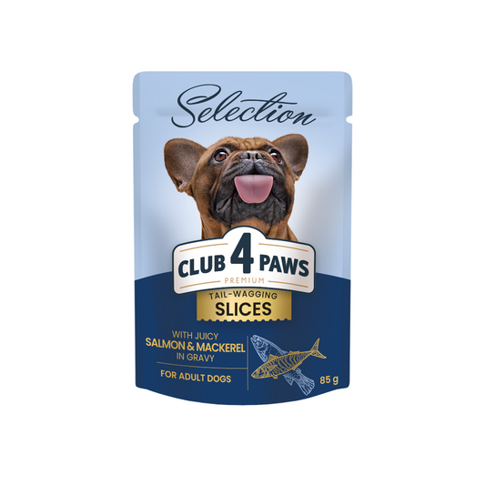 CLUB 4 PAWS Premium plus konservuotas ėdalas suaugusiems mažų veislių šunims su lašiša ir skumbre padaže 12x85 gr