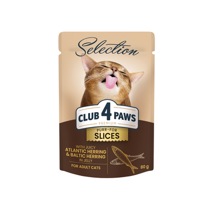 CLUB 4 PAWS Premium Plus Gabalėliai suaugusioms katėms su silke ir strimelėmis drebučiuose 12x85 gr
