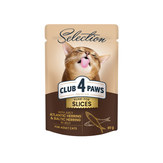 CLUB 4 PAWS Premium Plus Gabalėliai suaugusioms katėms su silke ir strimelėmis drebučiuose 12x85 gr