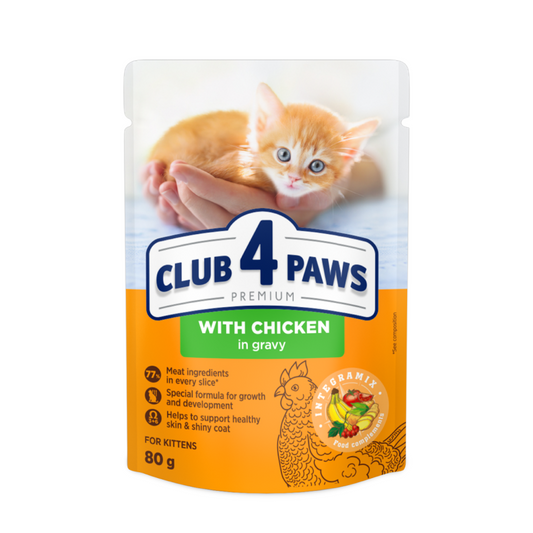 CLUB 4 PAWS Premium konservuotas ėdalas kačiukams su vištiena 24x80 gr