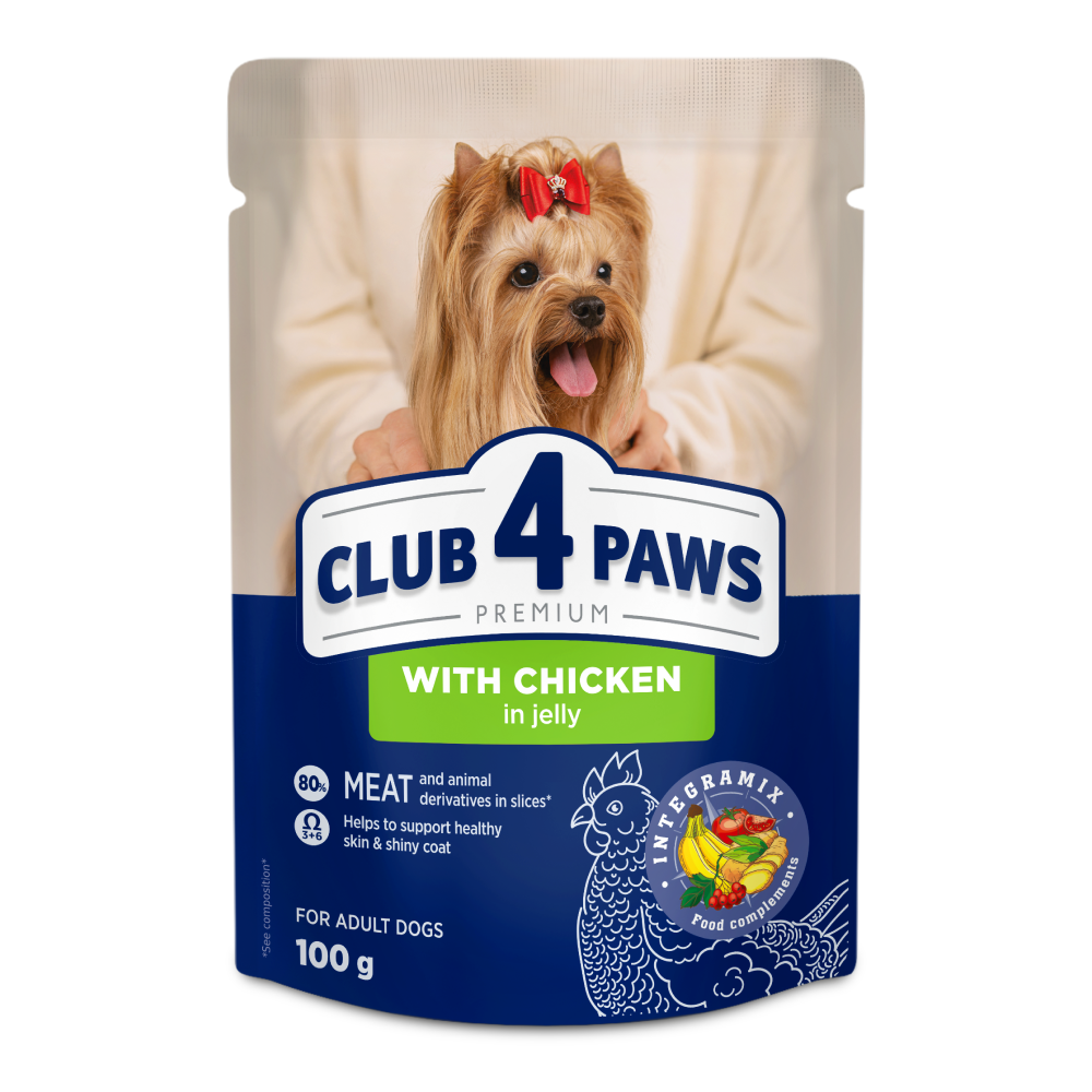CLUB 4 PAWS Premium konservuotas ėdalas suaugusiems šunims su vištiena drebučiuose 24x100 gr