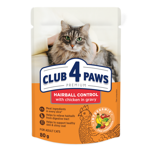 CLUB 4 PAWS Premium konservuotas ėdalas suaugusioms katėms plaukų priežiūrai 24x80 gr