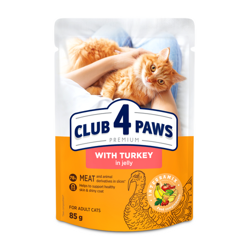 CLUB 4 PAWS Premium konservi pieaugušiem kaķiem ar tītaru želejā 24x80 gr