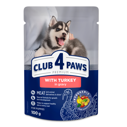 CLUB 4 PAWS Premium konservuotas ėdalas šuniukams su kalakutiena padaže 24x100 gr