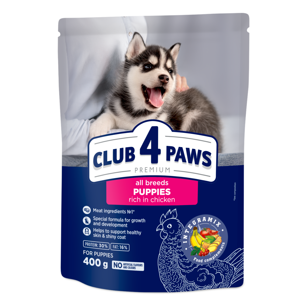 CLUB 4 PAWS Premium sausas pašaras visų veislių šuniukams su dideliu kiekiu vištienos