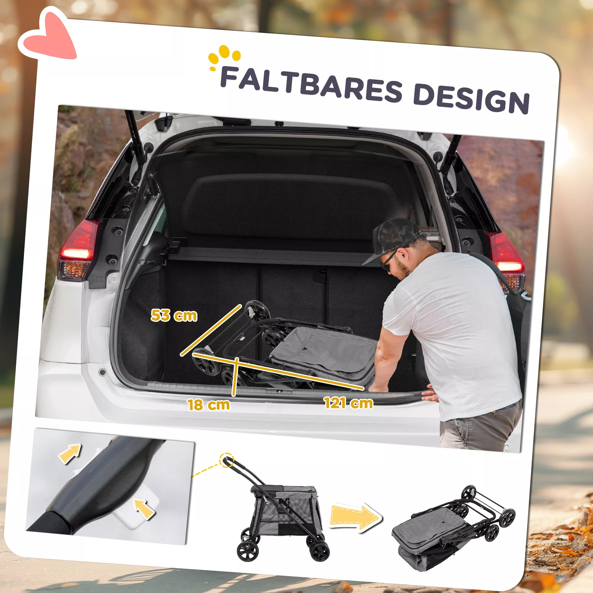 Suņu ratiņi, salokāmi, līdz 20 kg, 3 sānu kabatas, 102 cm x 62 cm x 105 cm, pelēki.