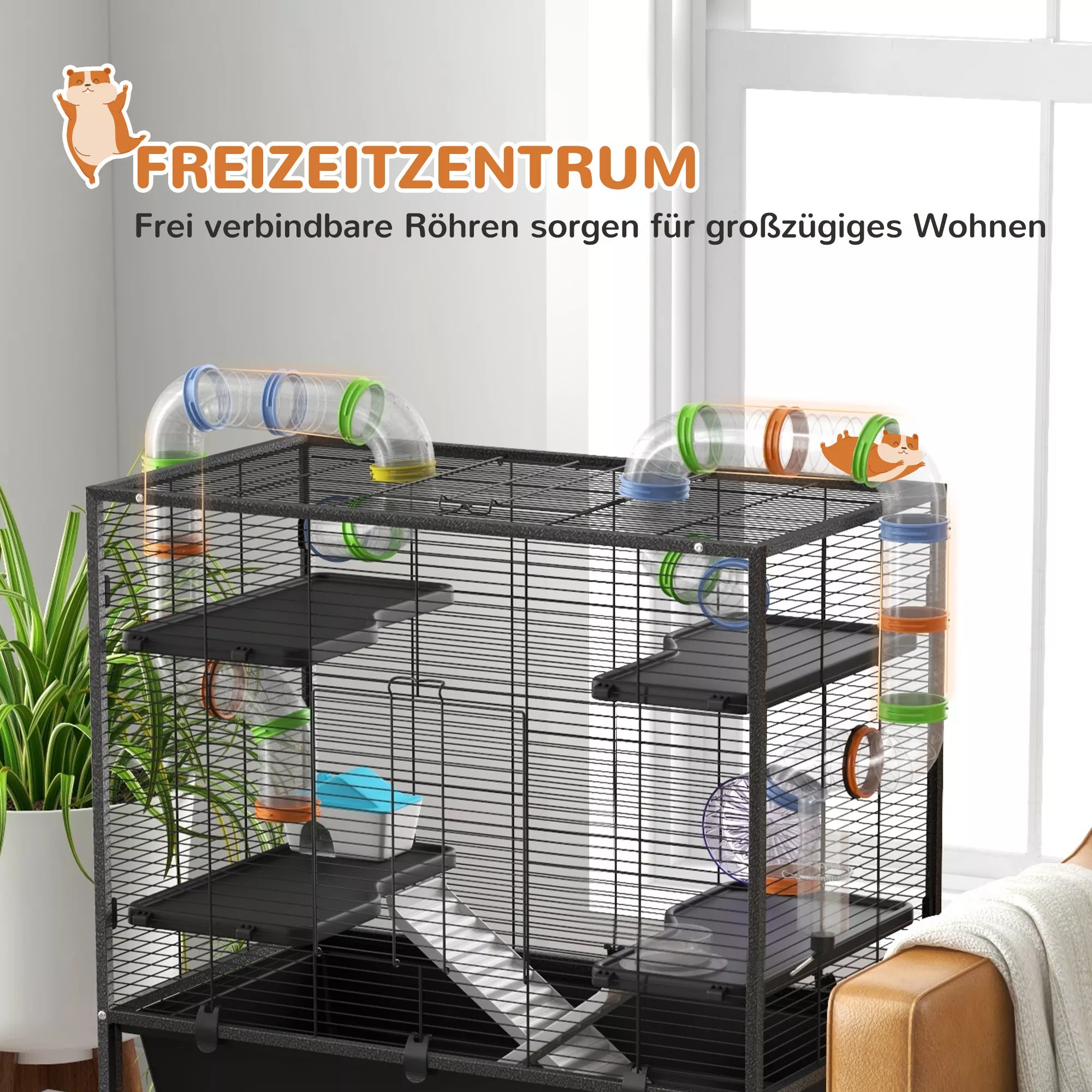 Hamsterio narvas su vamzdeliais, bėgimo ratu, nameliu, vandens dispenseriu, 109 x 82 x 46 cm, juodas