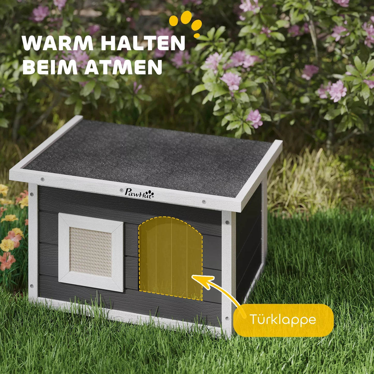 Katės namelis, pasislėpimo vieta katėms ir triušiams, medinis namelis su draskykle, durelėmis, 61 x 45 x 36,5 cm, pilkos spalvos